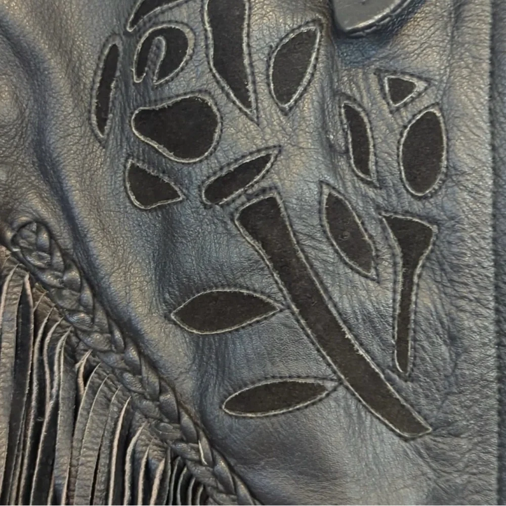 Vintage Leather Jacket  Black Fringe And Roses - Picture 6 of 6